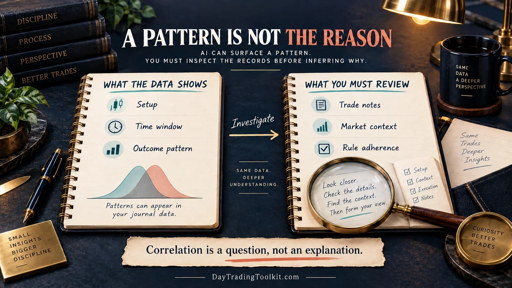 A measured journal pattern is separated from the trader's explanation for why it happened.