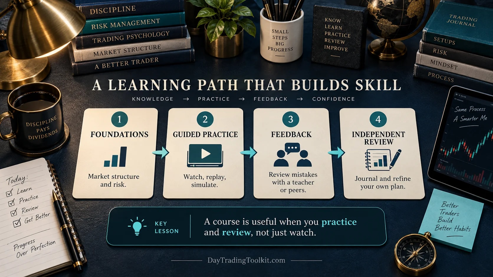 Learning path from foundations through guided practice and feedback to independent review.