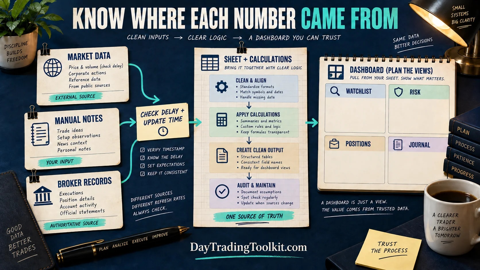 Dashboard data sources for price, volume, watchlists, and positions have separate freshness and source checks.