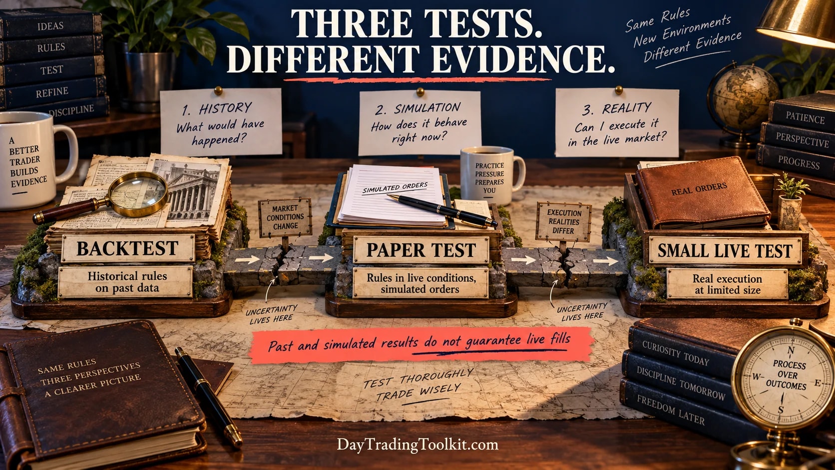 Historical backtesting, real-time paper testing, and cautious live testing provide different forms of evidence.