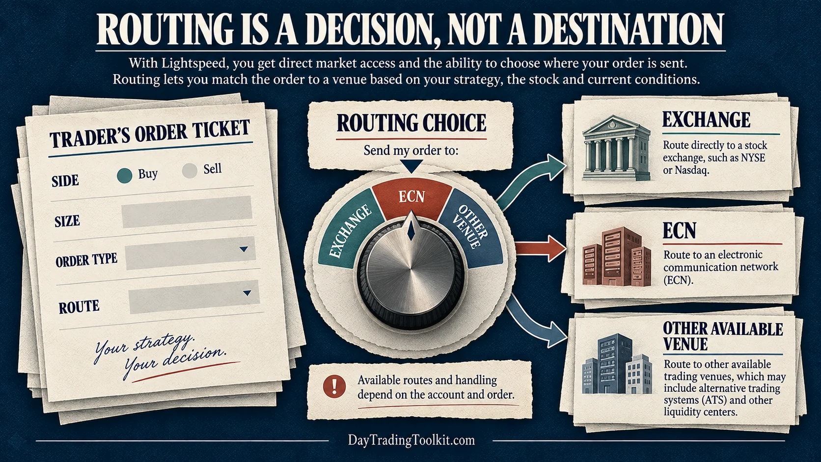 A Lightspeed order ticket leads to a routing choice among available exchange, ECN, or other venue categories.