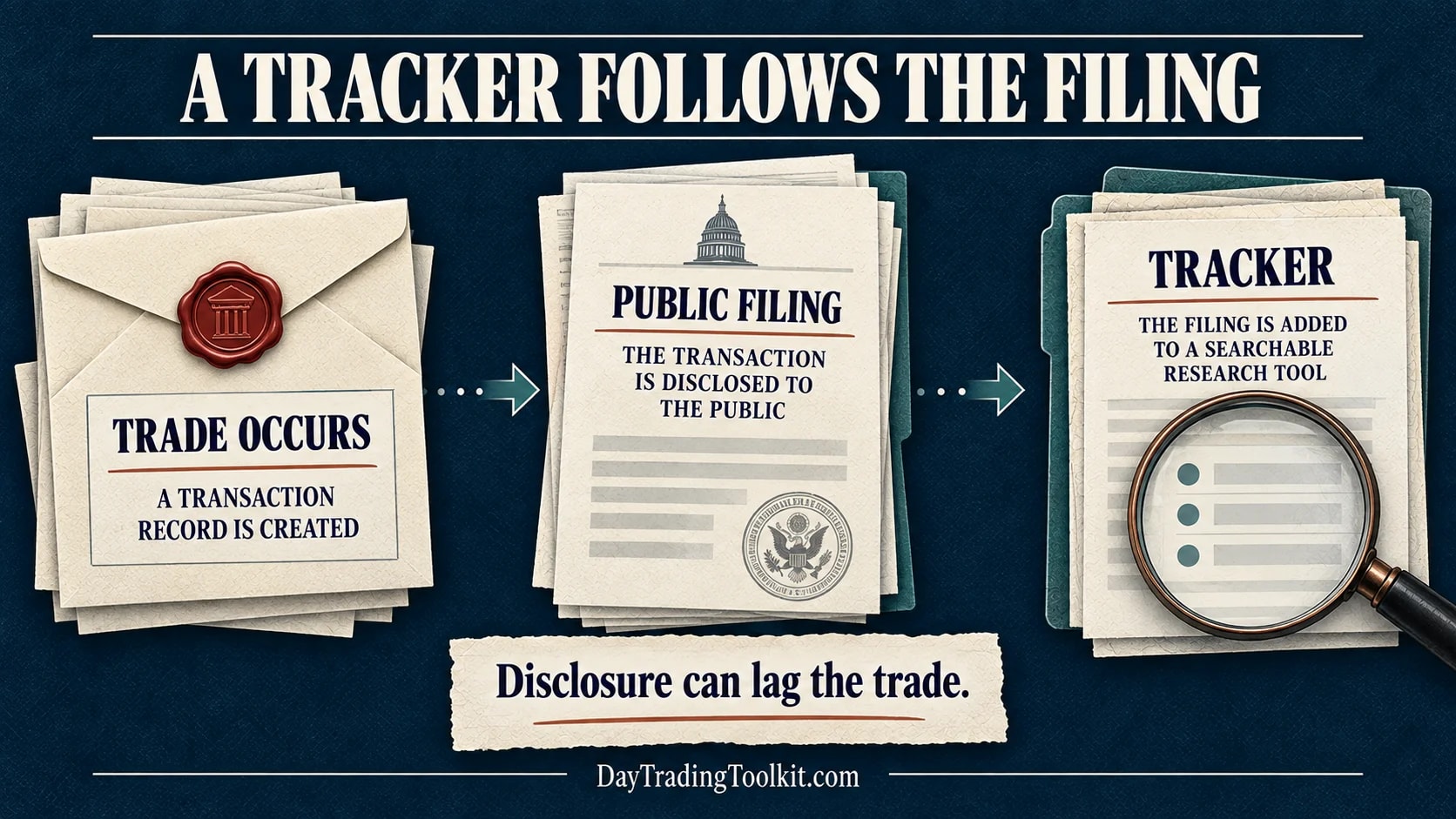 Congressional trade occurs before a public filing, which is later added to a searchable tracker.