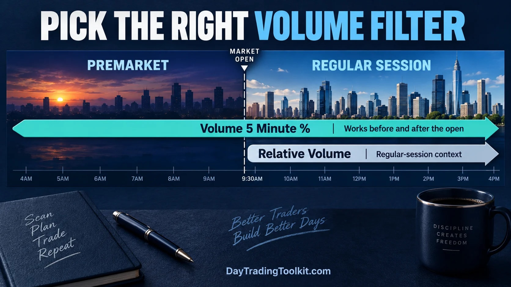 Timeline shows Volume 5 Minute % available before and after the open, while Relative Volume begins in the regular session.