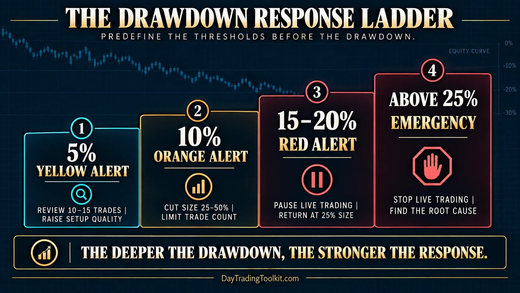 Drawdown response ladder from five-percent alert to above twenty-five-percent emergency