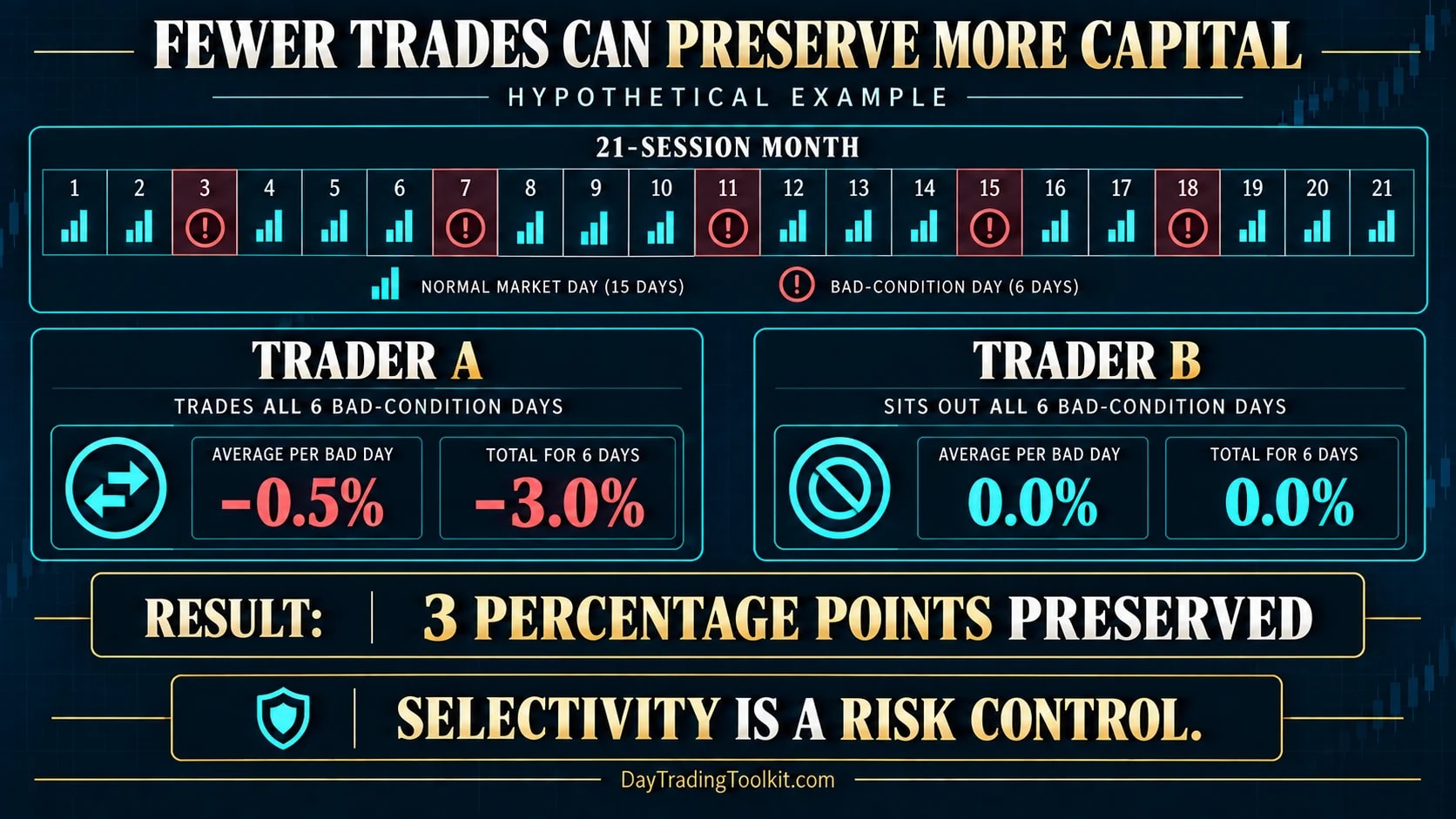 Hypothetical month showing capital preserved by sitting out six poor trading days