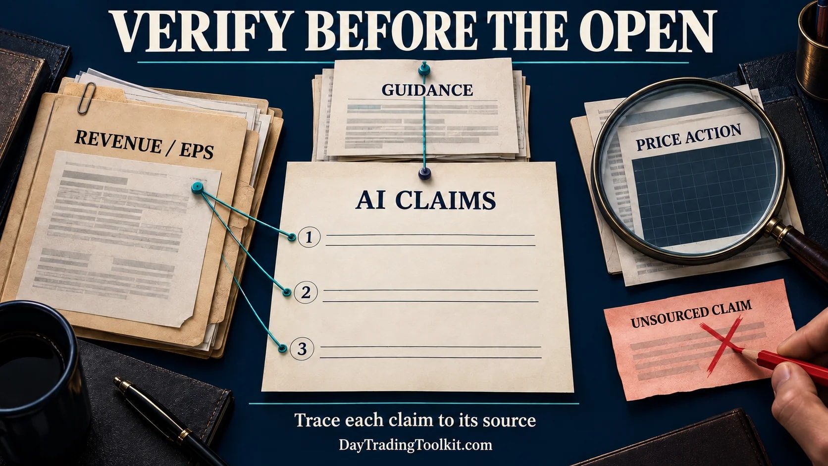 Blank AI earnings claims connect to source checks for revenue, EPS, and guidance; an unsupported claim is rejected.