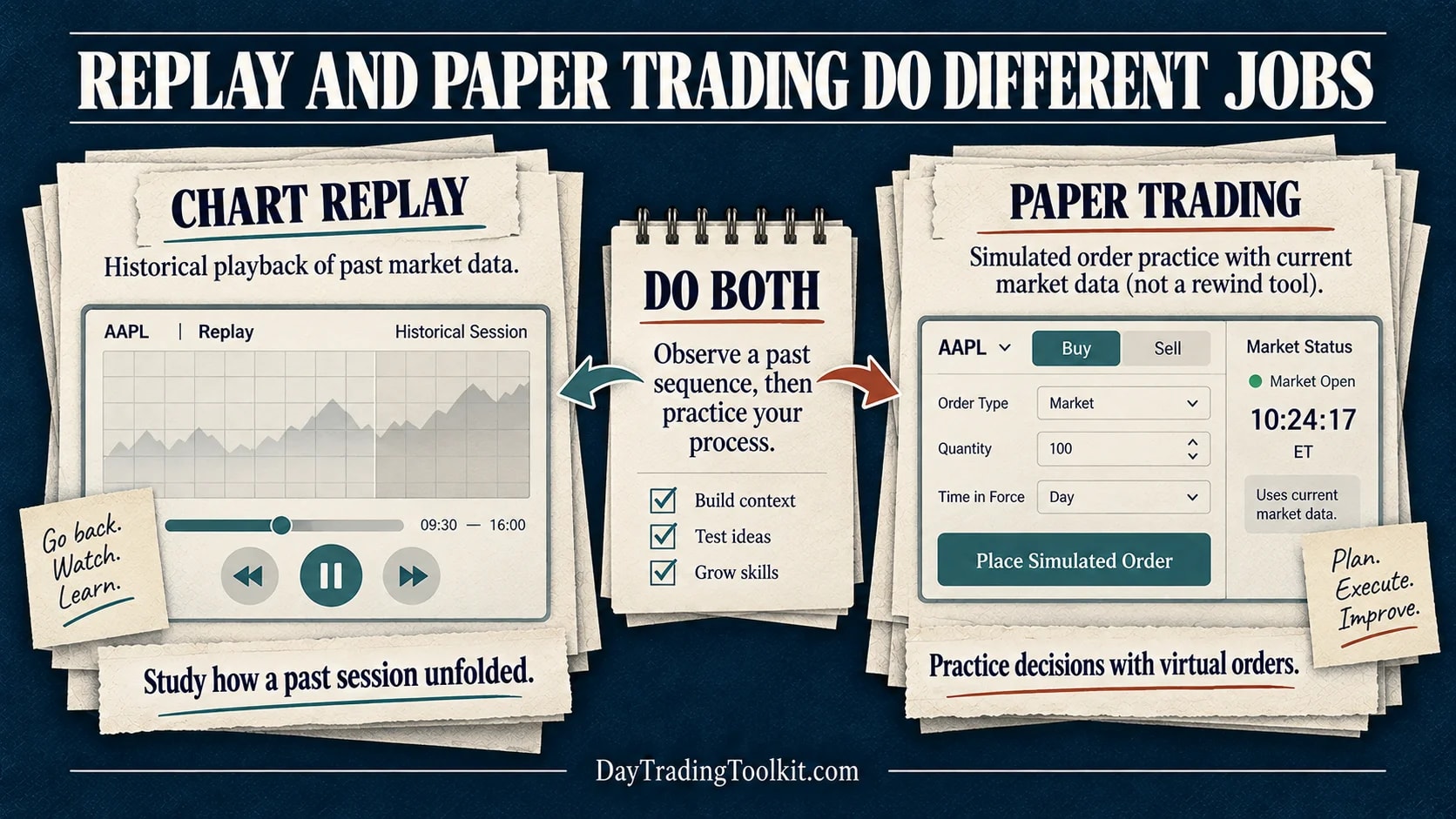 Webull chart Replay reviews a historical session, while paper trading practices simulated orders against current market data.