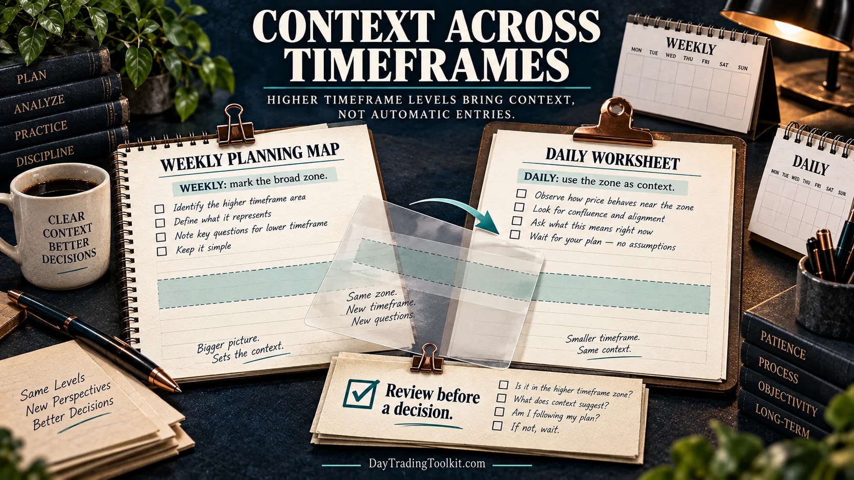 A broad weekly reference zone carried into a daily planning view for multi-timeframe context.