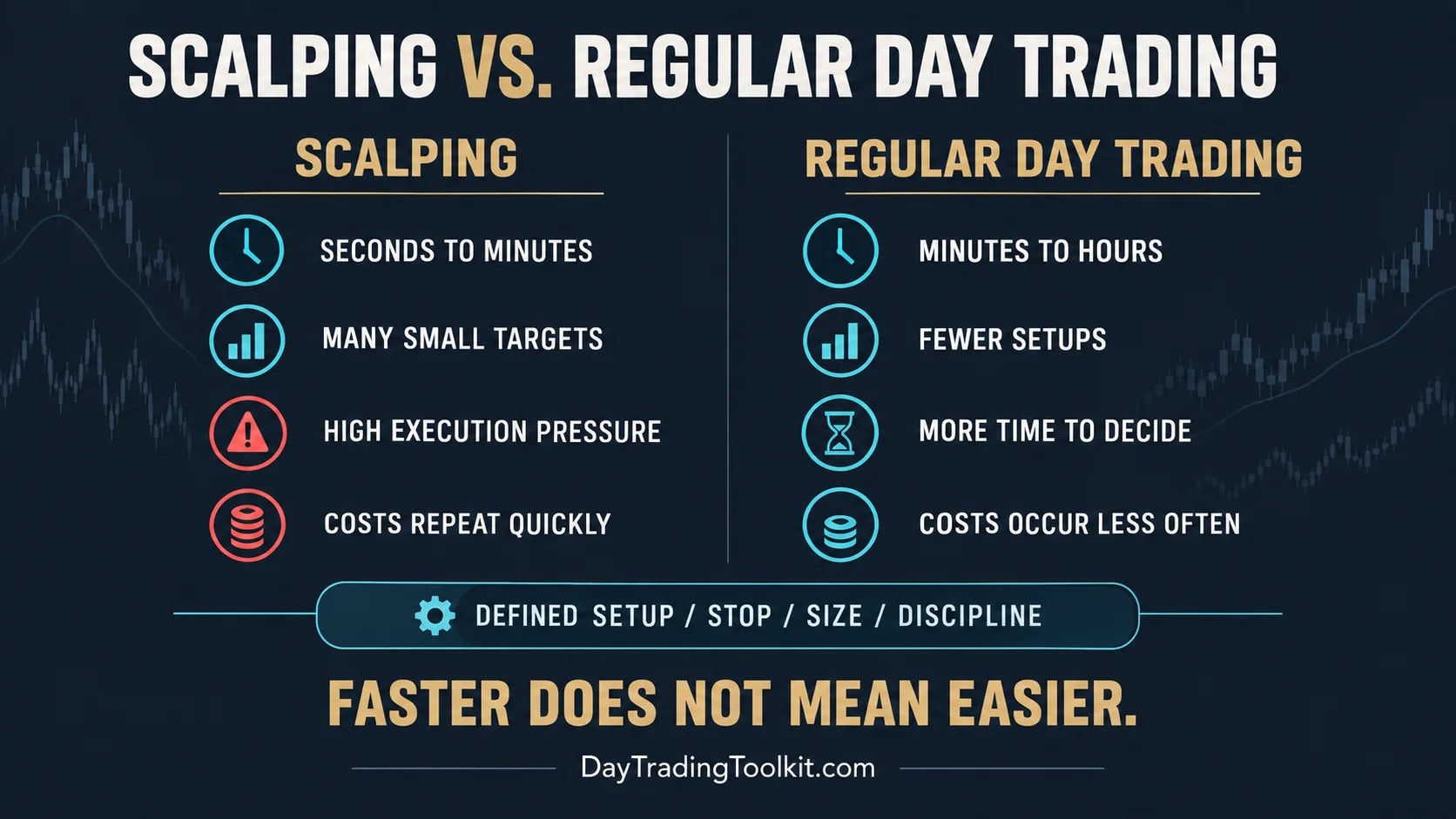 Scalping compared with regular day trading by holding time, number of targets, execution pressure and how often costs repeat