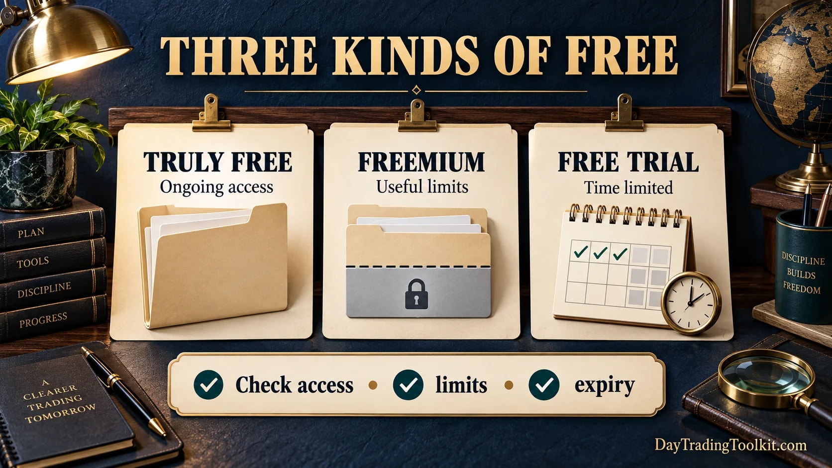 Three kinds of free AI trading tools compared by access and limits.