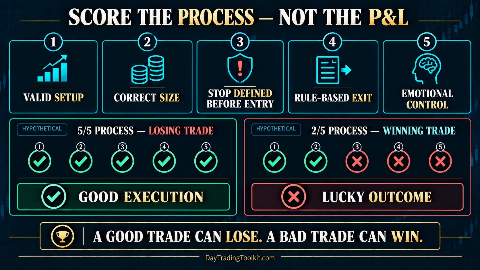 Process scorecard comparing disciplined execution with a lucky outcome