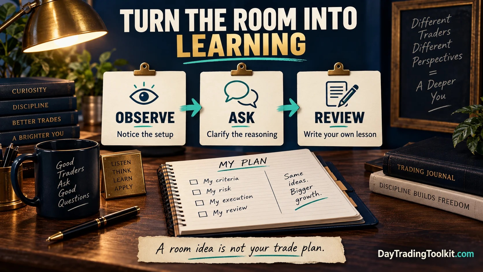 Observe, question, review, and practice learning loop for a live trading room.