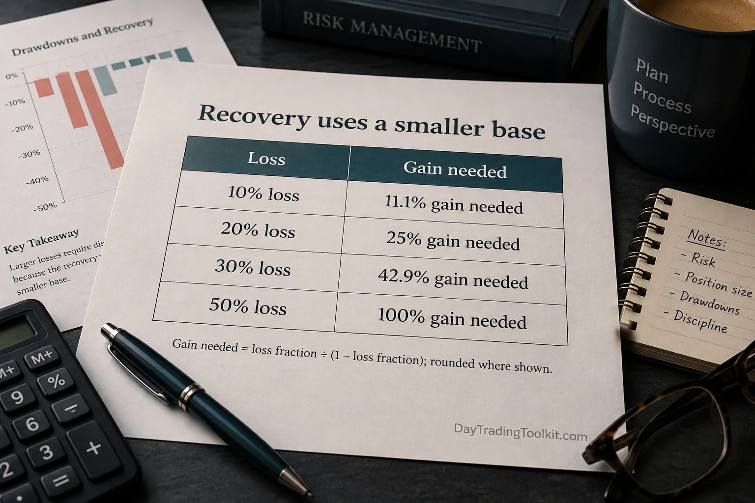 Losses of 10%, 20%, 30% and 50% require gains of 11.1%, 25%, 42.9% and 100% respectively to recover.