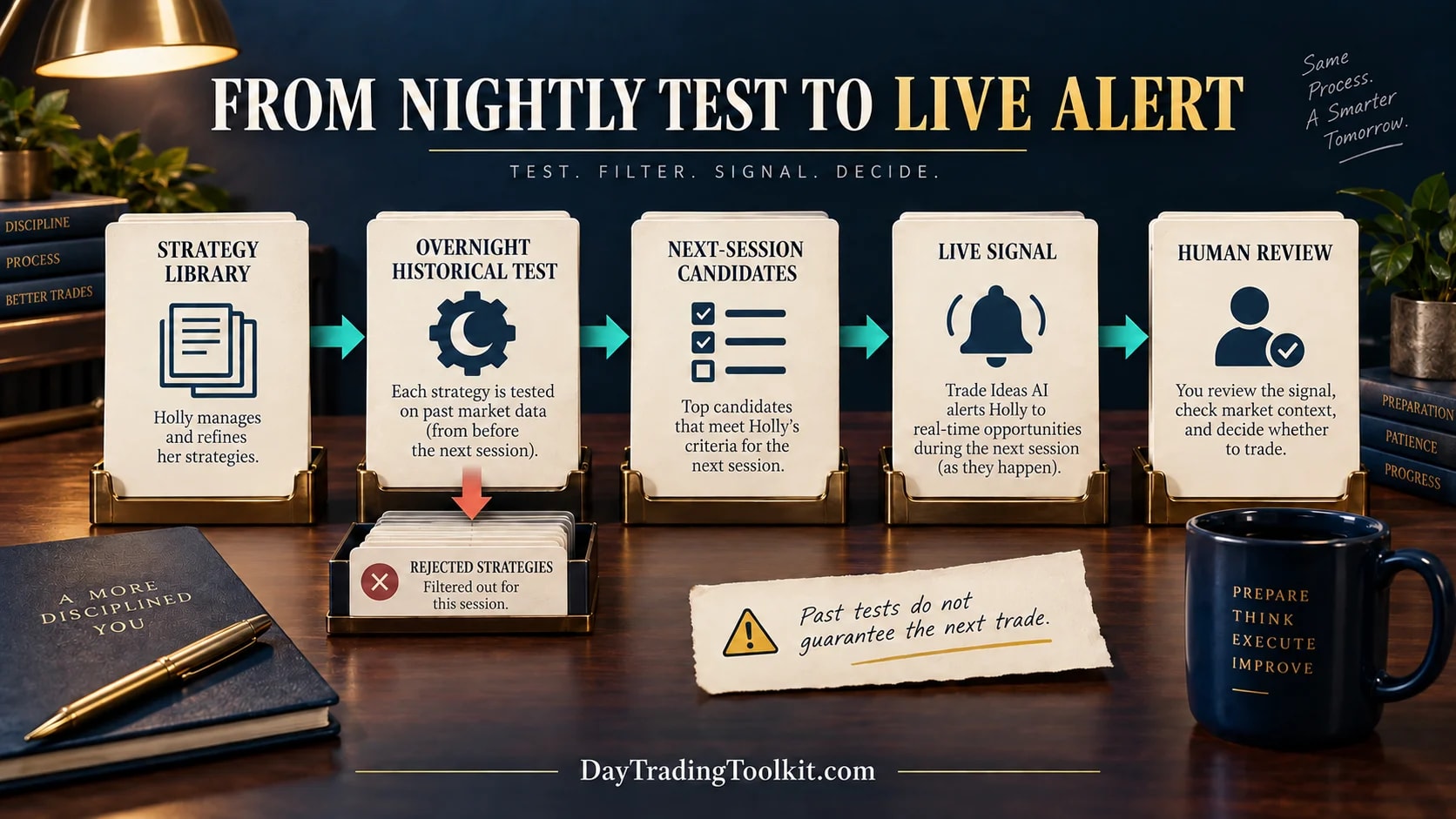 Nightly strategy research leads to a live-session signal that the trader evaluates independently.