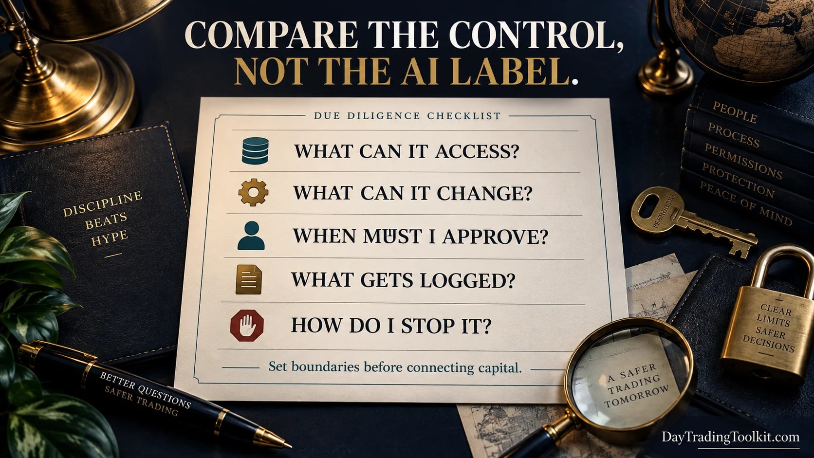 Five questions about an agent's access, authority, approval, logging, and shutdown.
