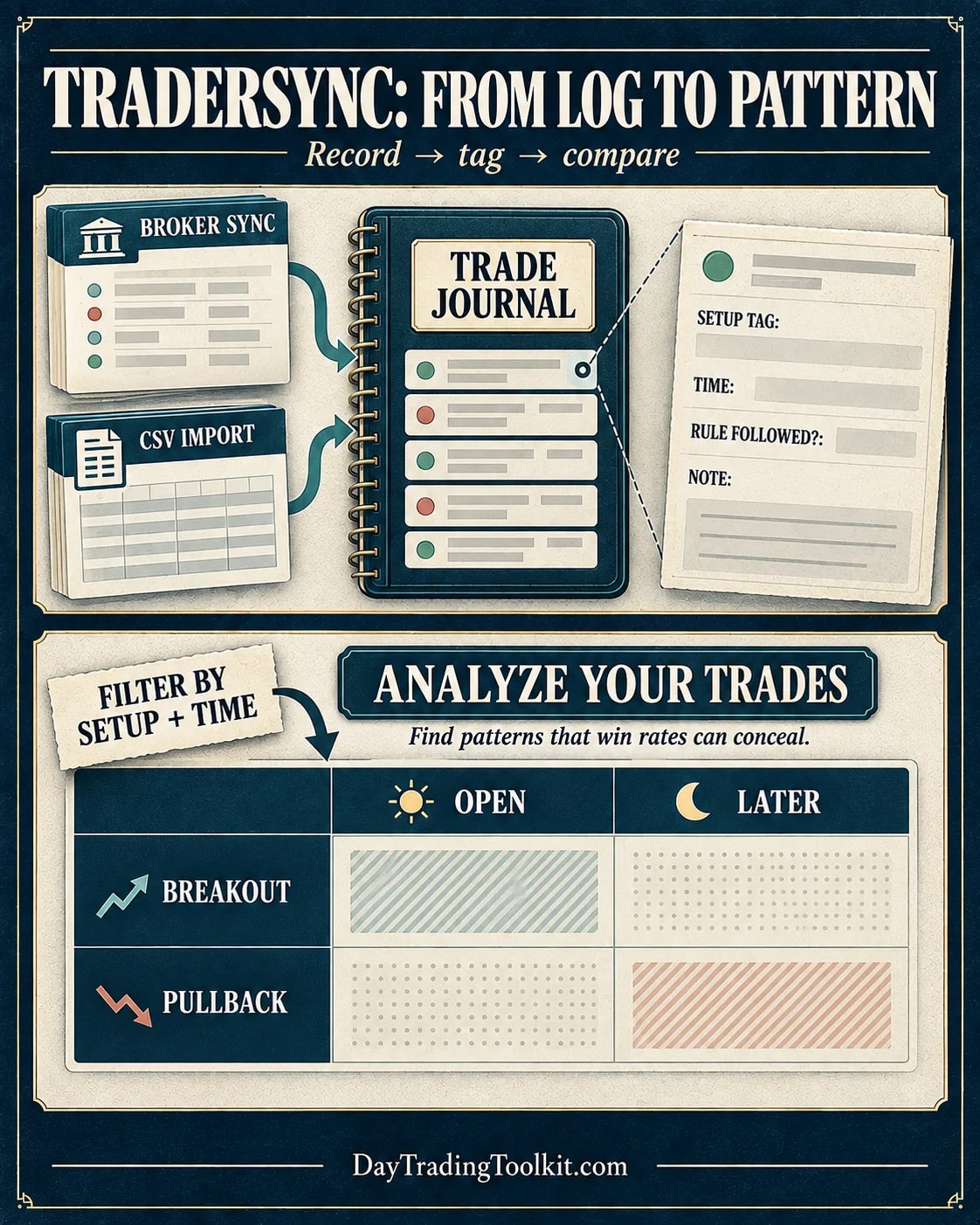 TraderSync journal schematic showing broker and CSV imports, trade notes and setup tags, then analysis by setup and time of day.