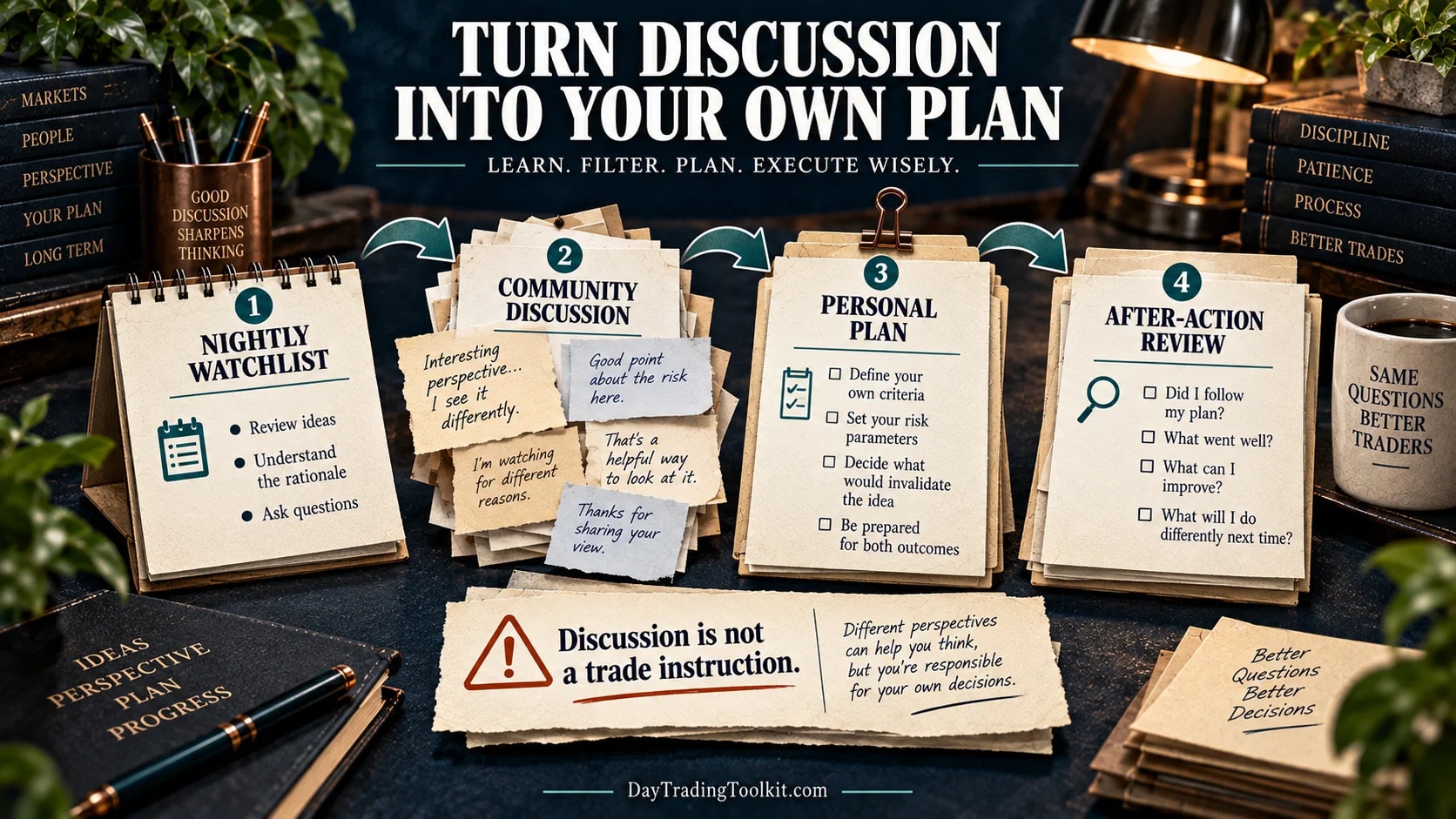 A nightly watchlist and community discussion feed a trader’s own plan and after-action review.