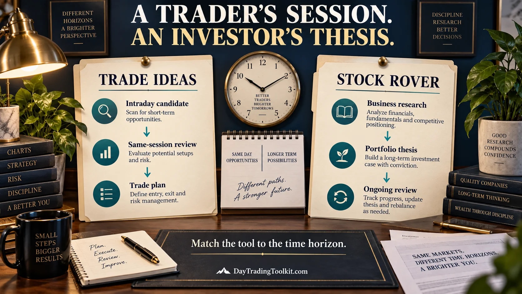 Intraday candidate and trade plan beside business research and an ongoing investment thesis.