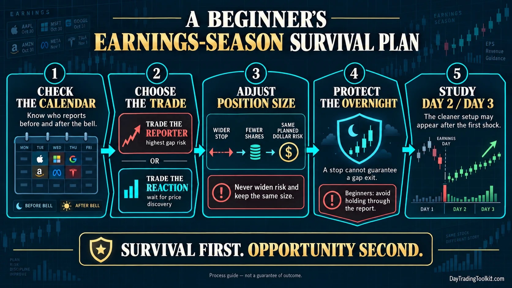 Five-step earnings-season plan covering the calendar, reporter versus sympathy trades, risk adjustment, sitting out, and later setups.