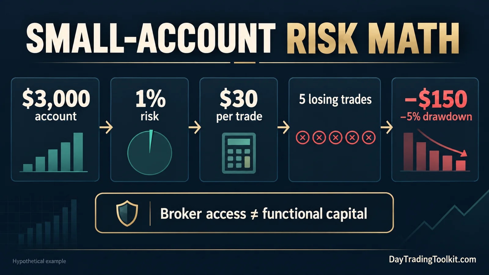 Small-account risk example showing how five $30 losses create a $150 loss and 5% drawdown on a $3,000 account.