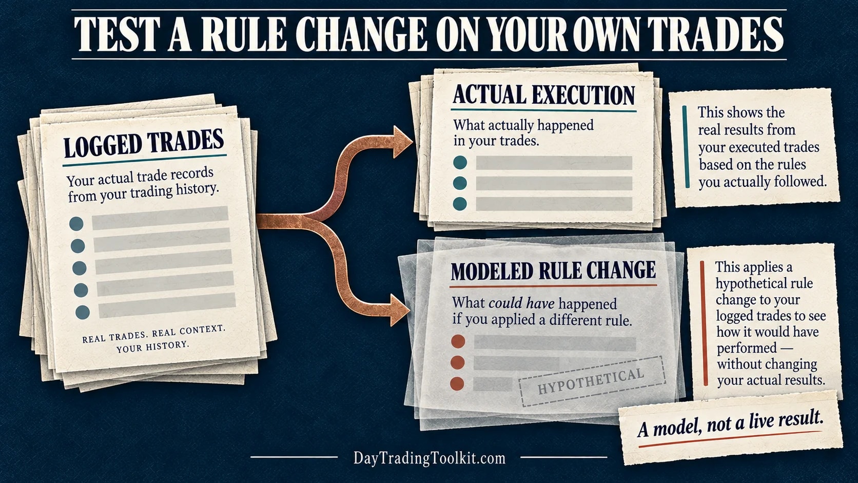 Logged trades branch into actual execution and a clearly hypothetical modeled rule change.
