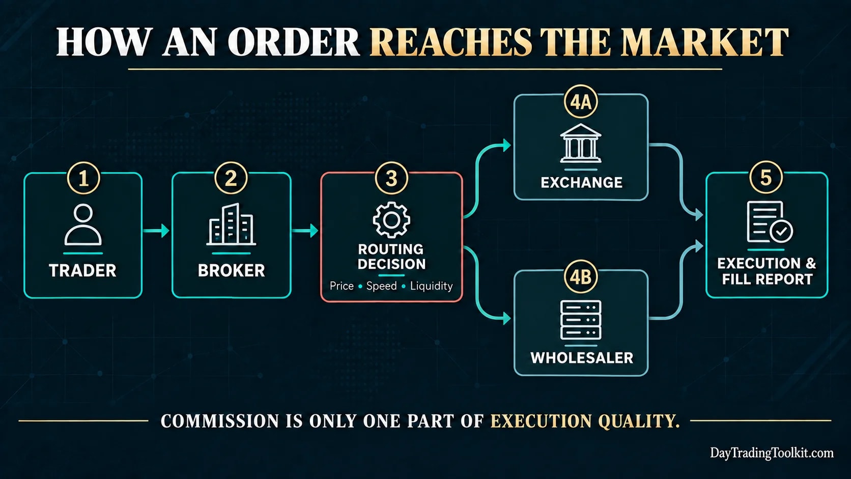 Order-routing diagram showing a trader sending an order through a broker and routing decision to an exchange or wholesaler before execution is reported.