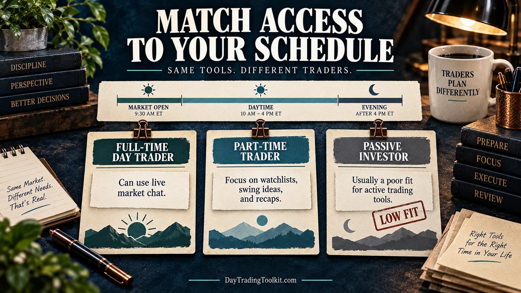 Investors Underground membership fit by schedule: full-time day trader, part-time trader, and passive investor.