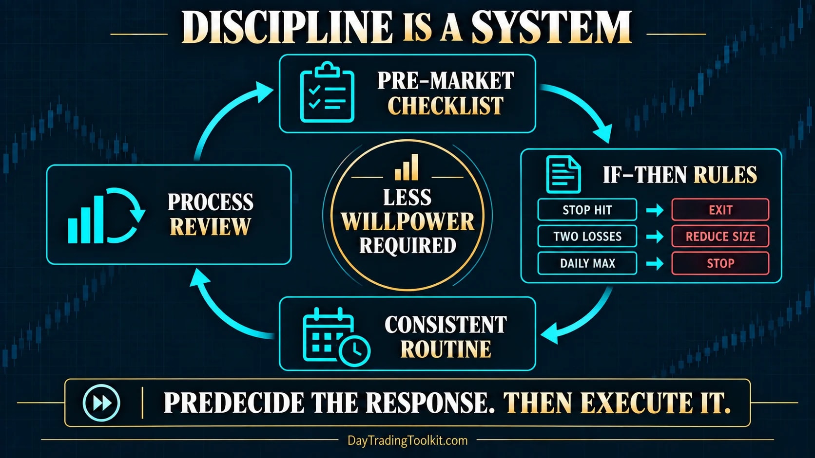 Trading discipline system linking checklist, if-then rules, routine, and review