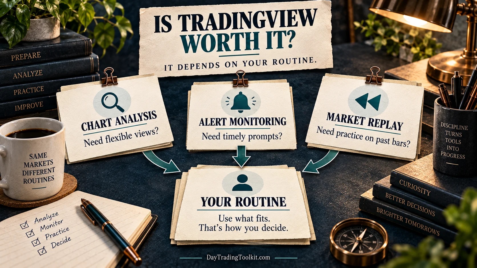 TradingView chart analysis, alert monitoring, and market replay mapped to the routines that use them.