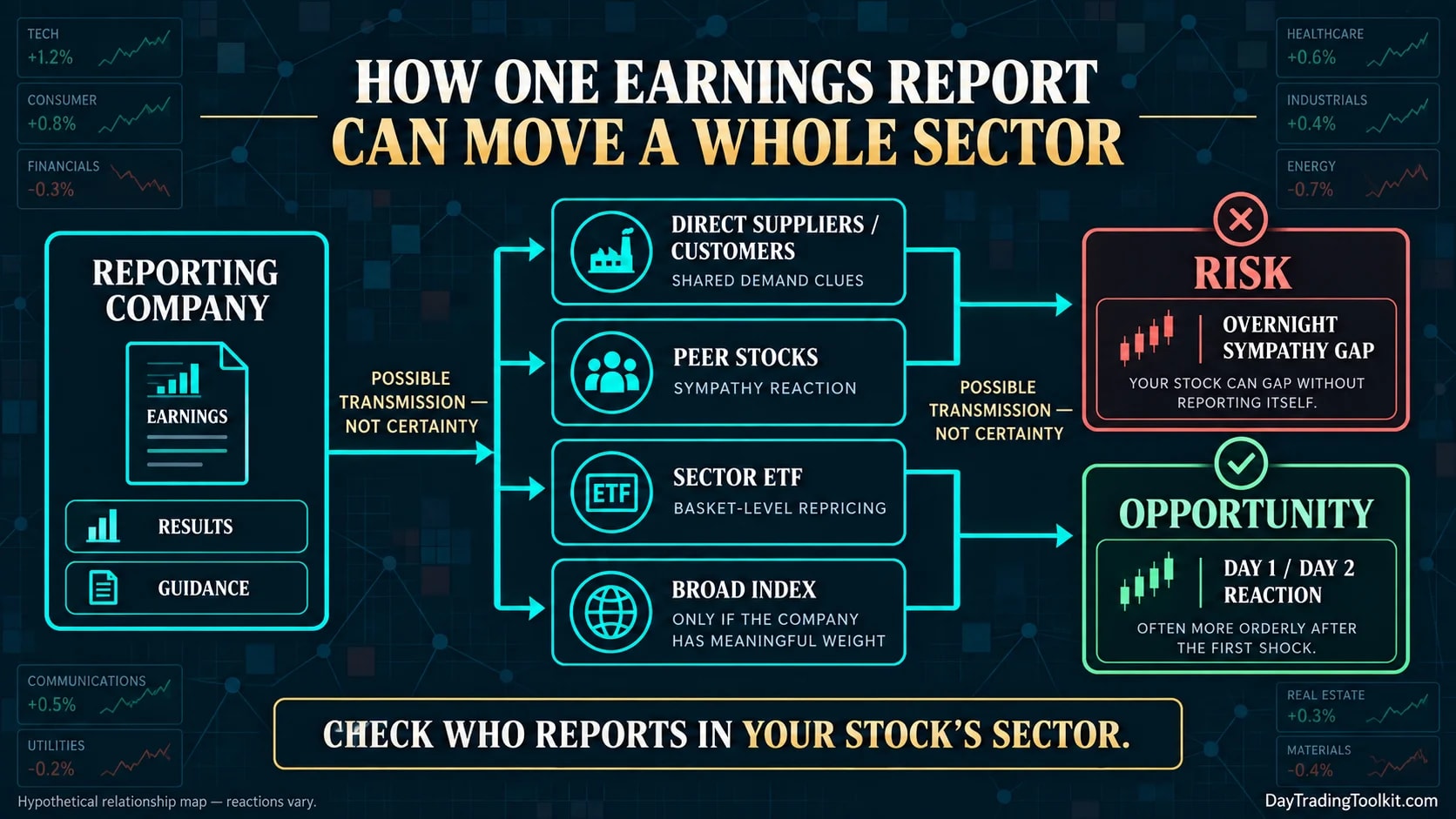 Earnings contagion map connecting a reporting company to peer stocks, its sector ETF, and the broader market.