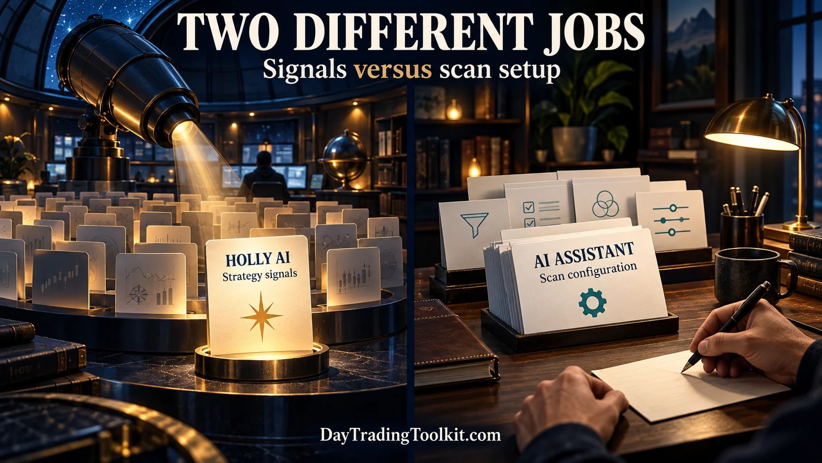 Holly AI supplies strategy signals, while the AI Assistant translates a trader's request into scan configuration.