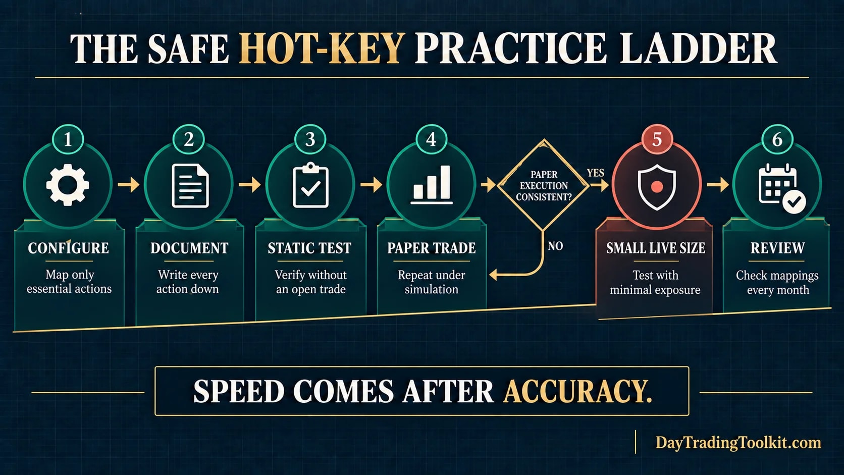 Six-stage hot-key practice ladder progressing from configuration and documentation through static tests, paper trading, small live size, and monthly review.