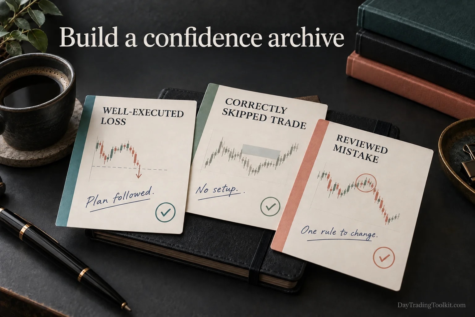Three confidence-archive cards record a well-executed loss, a correctly skipped trade and a reviewed mistake.