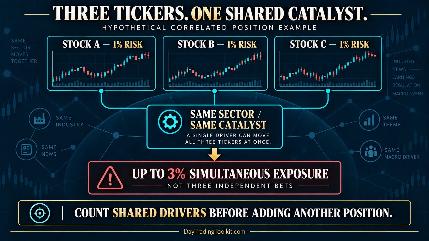 Three correlated stock positions sharing one catalyst and creating combined exposure