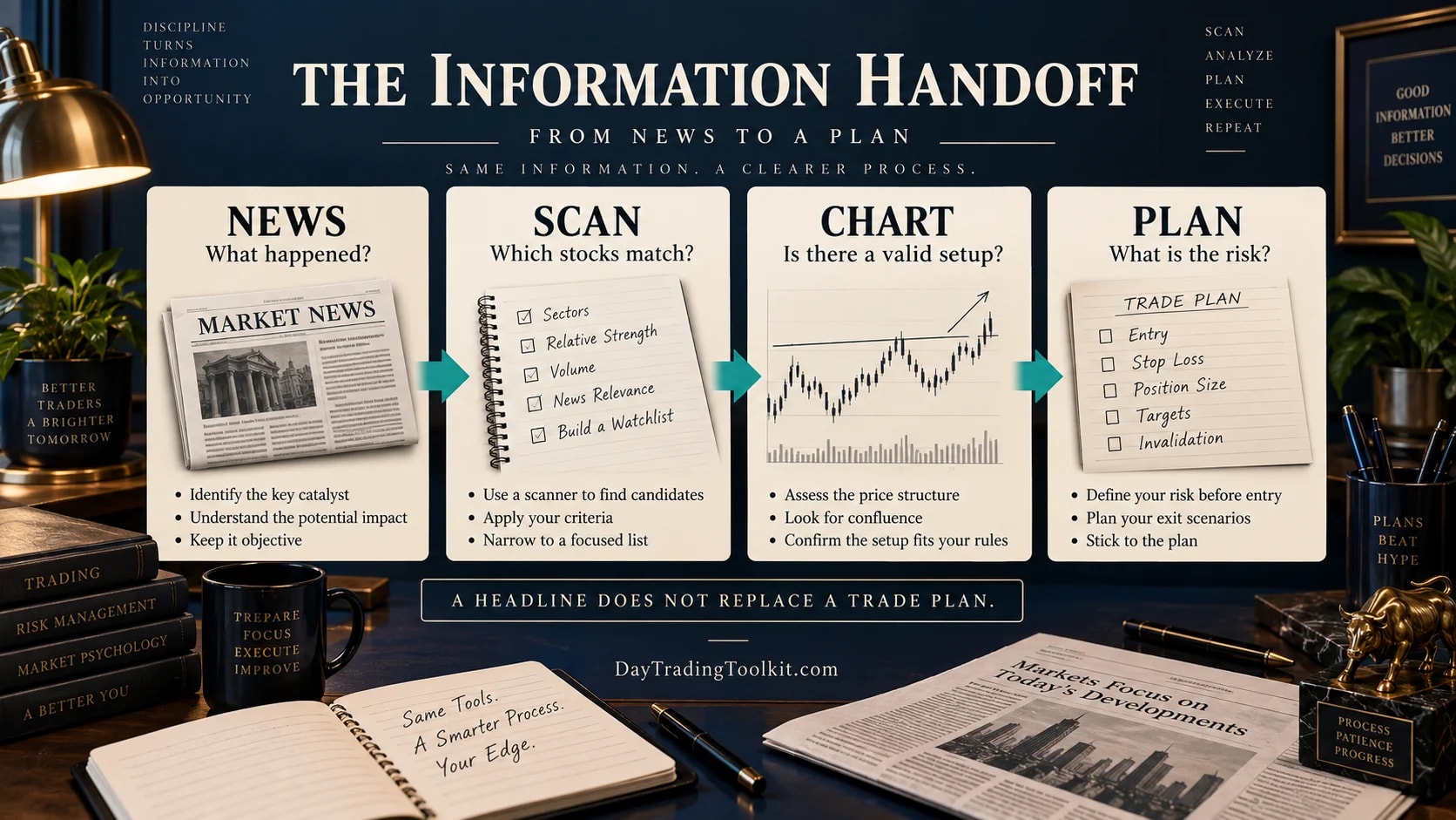 Four-stage handoff from news to scanning, chart review, and a risk plan.
