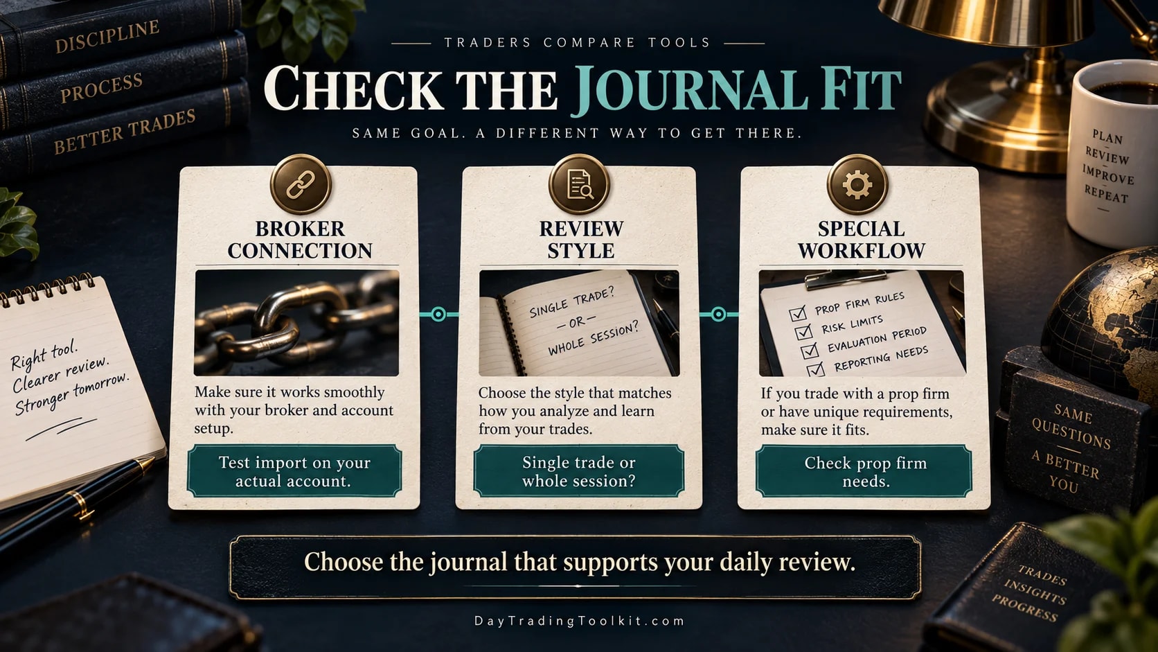 Journal choice checklist for broker connection, replay style, and prop-firm needs.