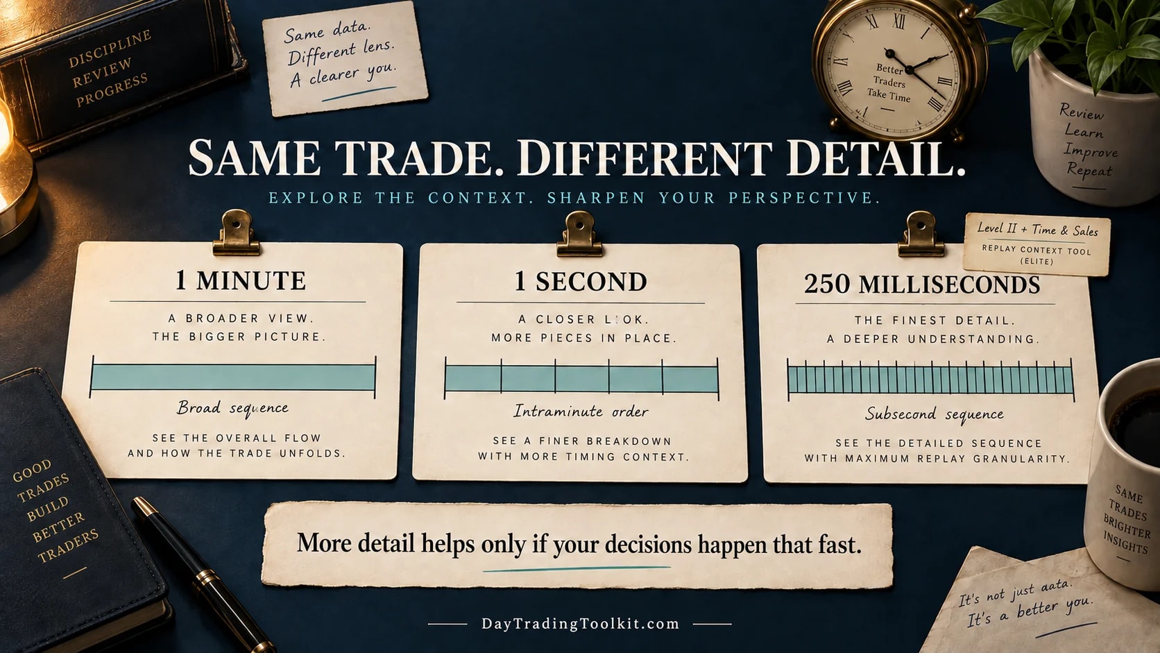 TraderSync replay resolution steps from one-minute to one-second to 250-millisecond data.