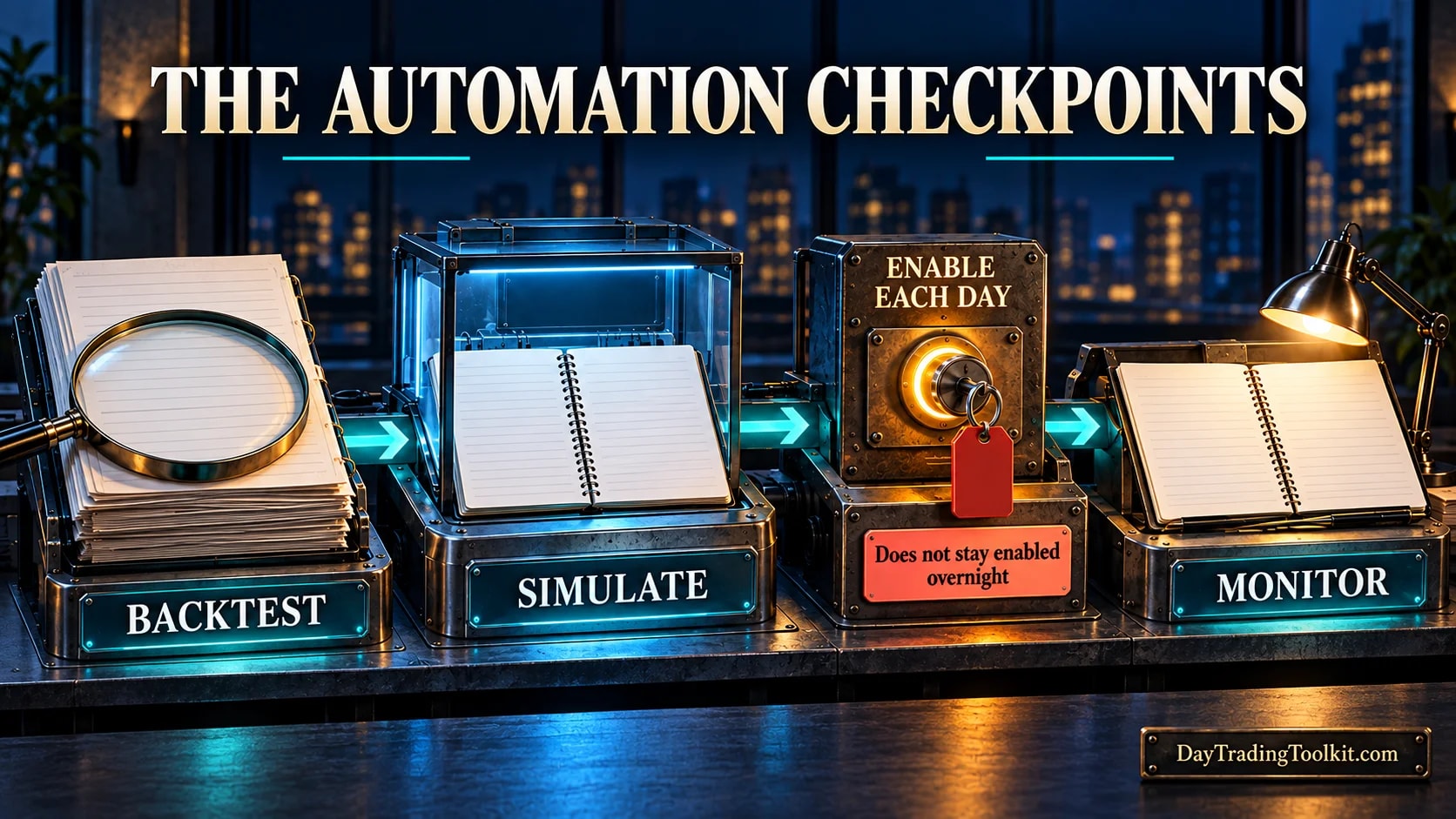 Automation checkpoints run from backtest through simulation, daily enabling, and active supervision.