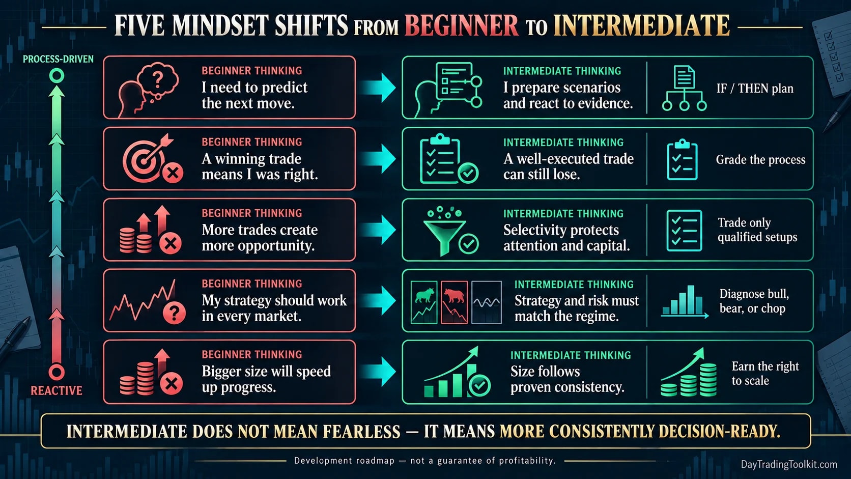 Five shifts from beginner trading habits toward context, risk management, patience, contextual price reading, and measured process.