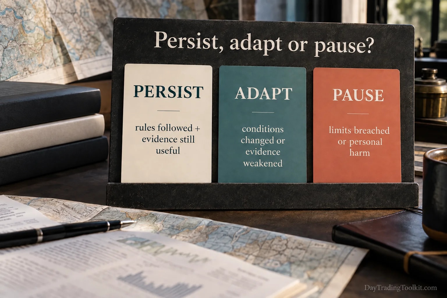 Decision framework weighs adherence, evidence, changing conditions and personal harm when choosing to persist, adapt or pause.