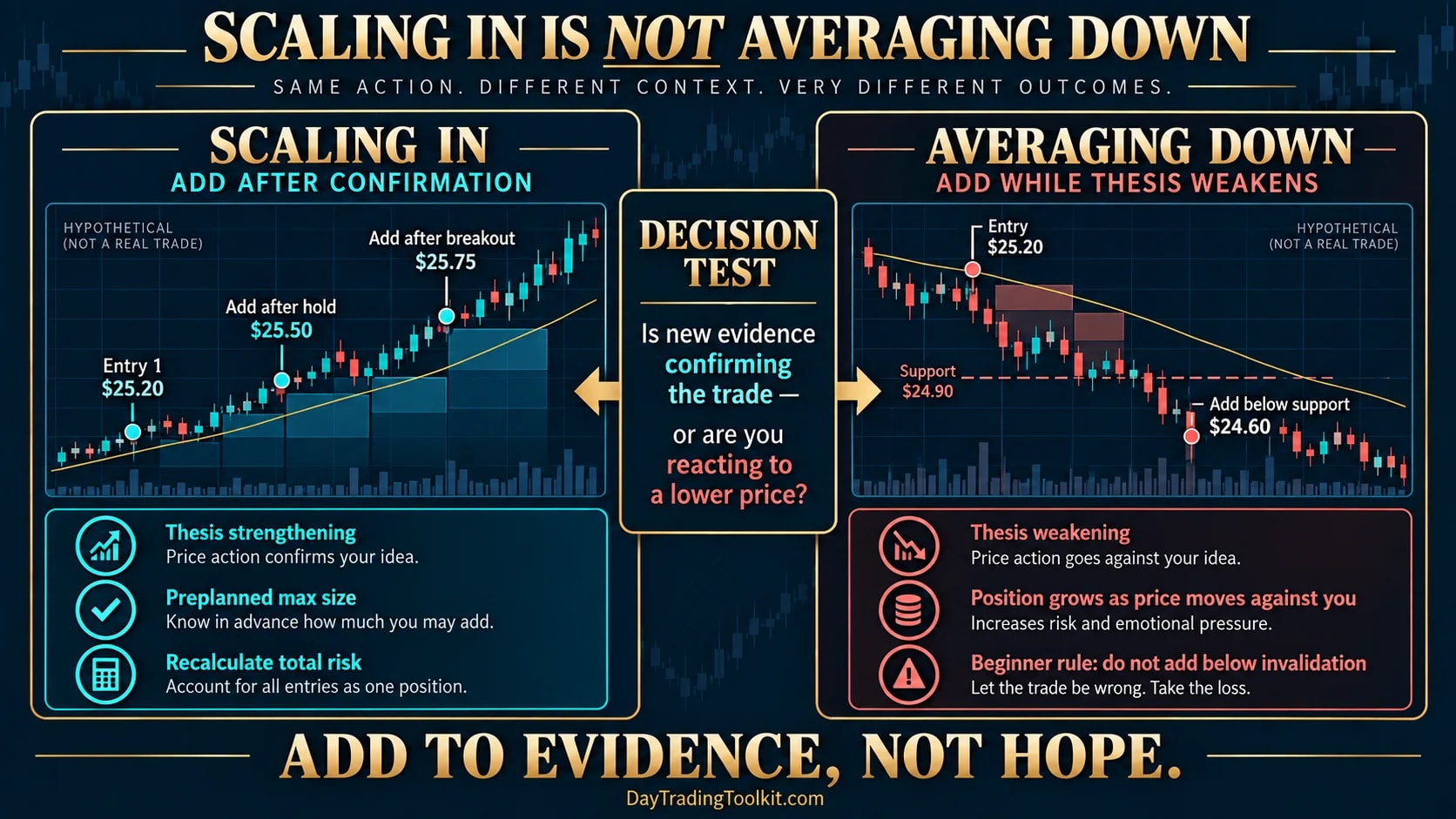 Rising and falling charts contrast adding after confirmation with adding below a broken $24.90 support level.
