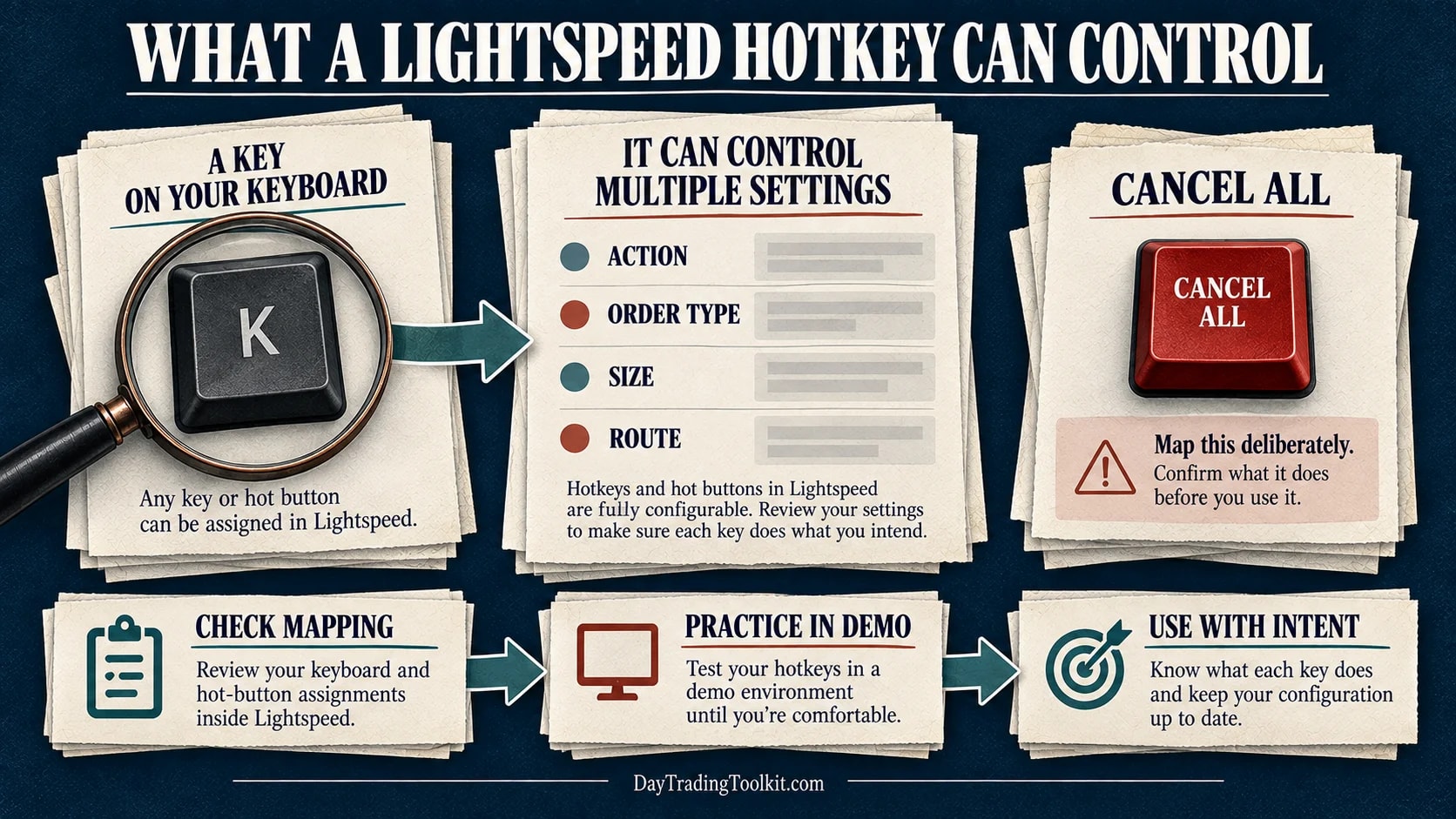 Lightspeed hotkey configuration can specify action, order type, size, and route, followed by mapping checks and demo practice.