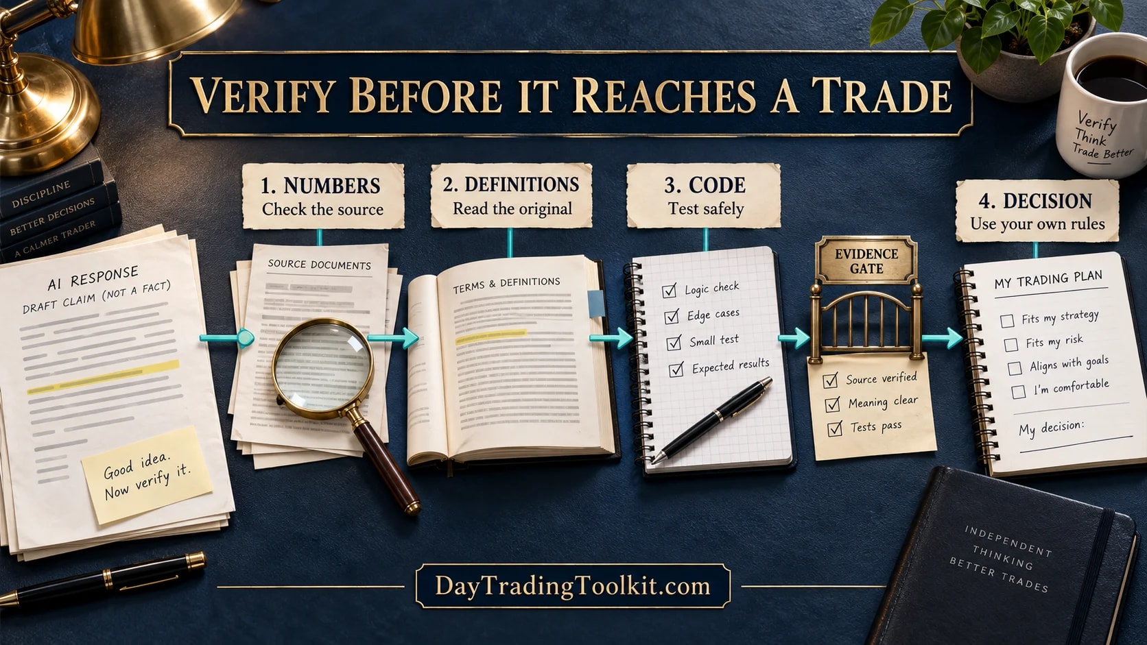 Verification gate between an AI answer and a trading decision.
