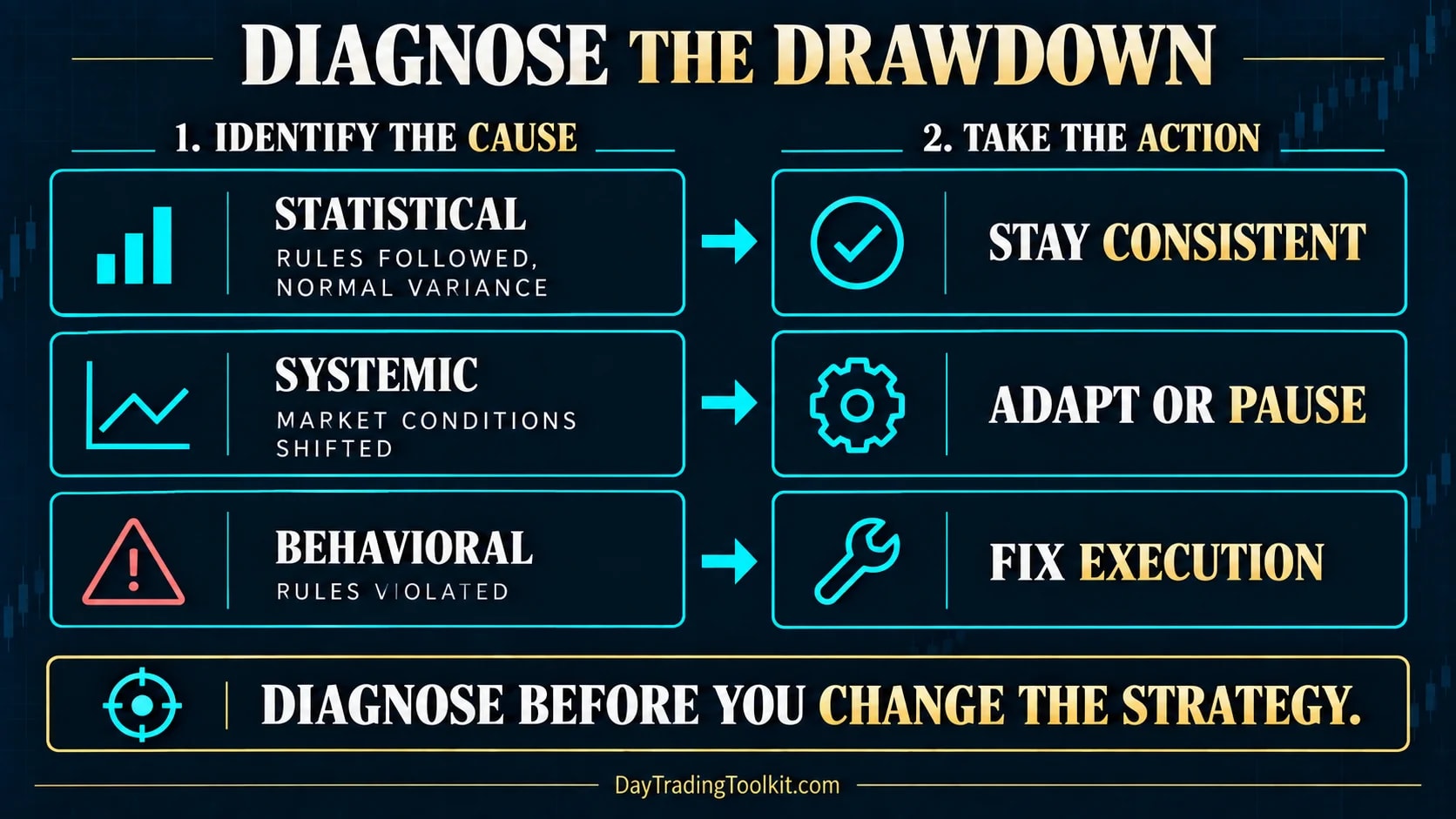Drawdown diagnosis: statistical (rules followed, normal variance) means stay consistent; systemic (conditions shifted) means adapt or pause; behavioral (rules violated) means fix execution