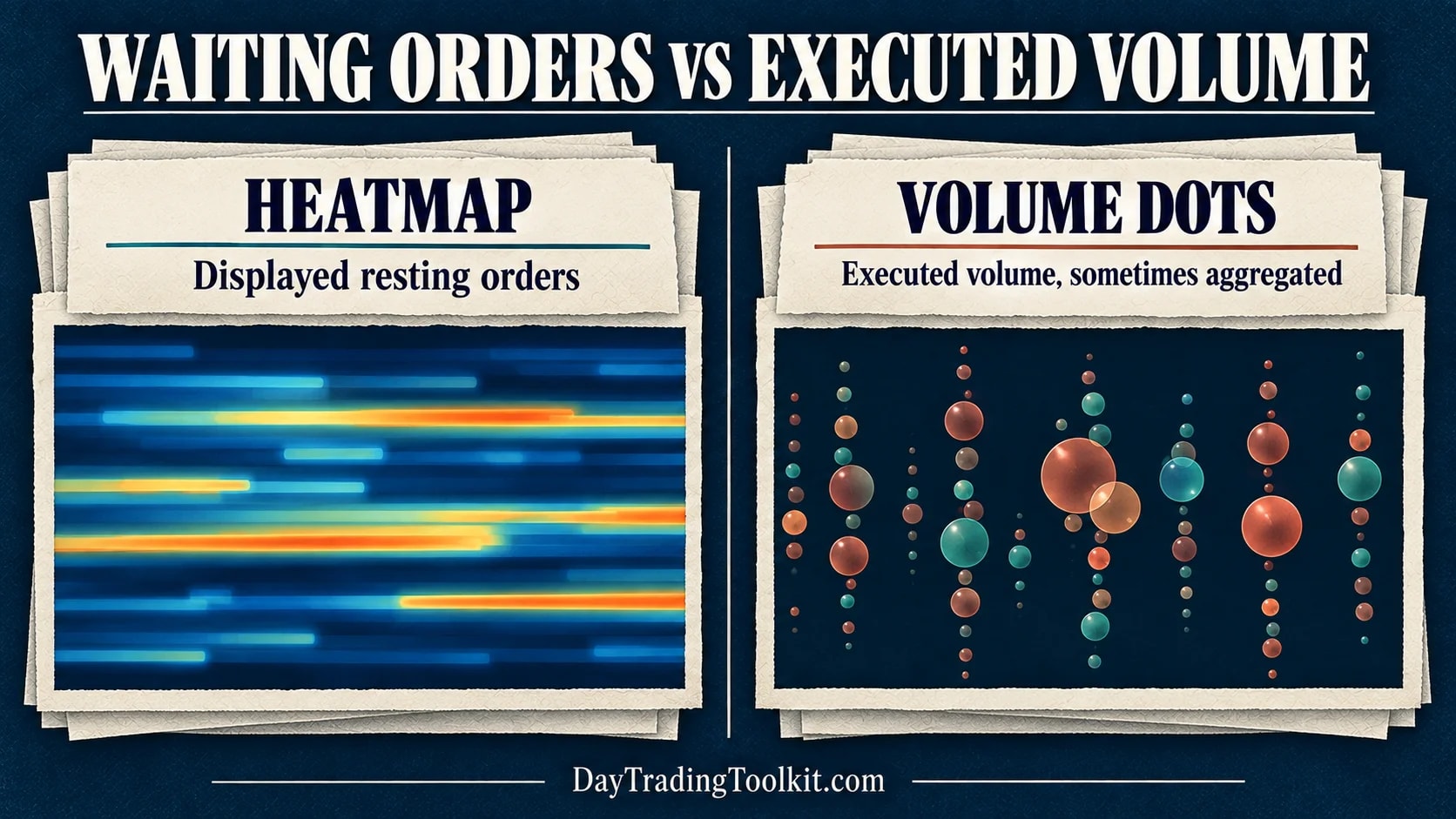 Bookmap heatmap bands represent displayed resting orders while volume dots show executed volume that may aggregate transactions.