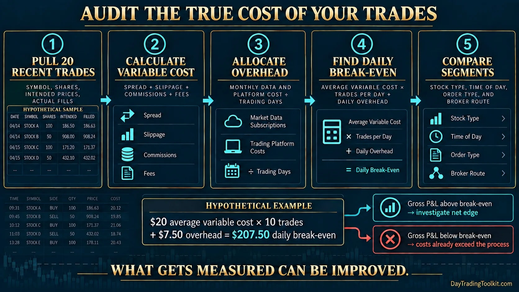 Five-step audit calculates variable cost, allocates overhead, finds daily break-even and compares trade segments.