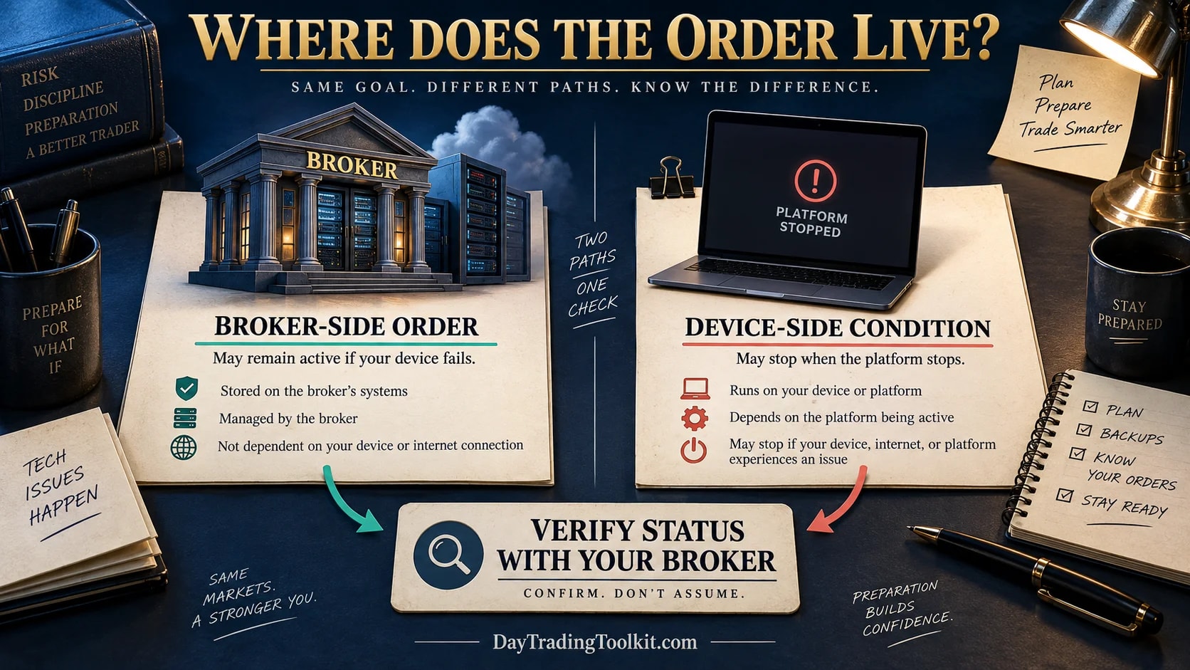 Broker-held orders may remain active during a local outage, while local platform instructions may not; verify order status with the broker.