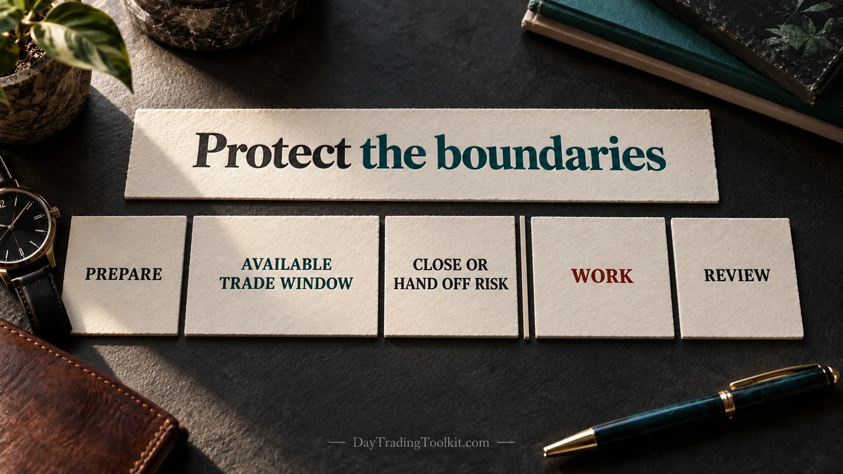 A schedule separates preparation, an available trading window, the work transition and review.
