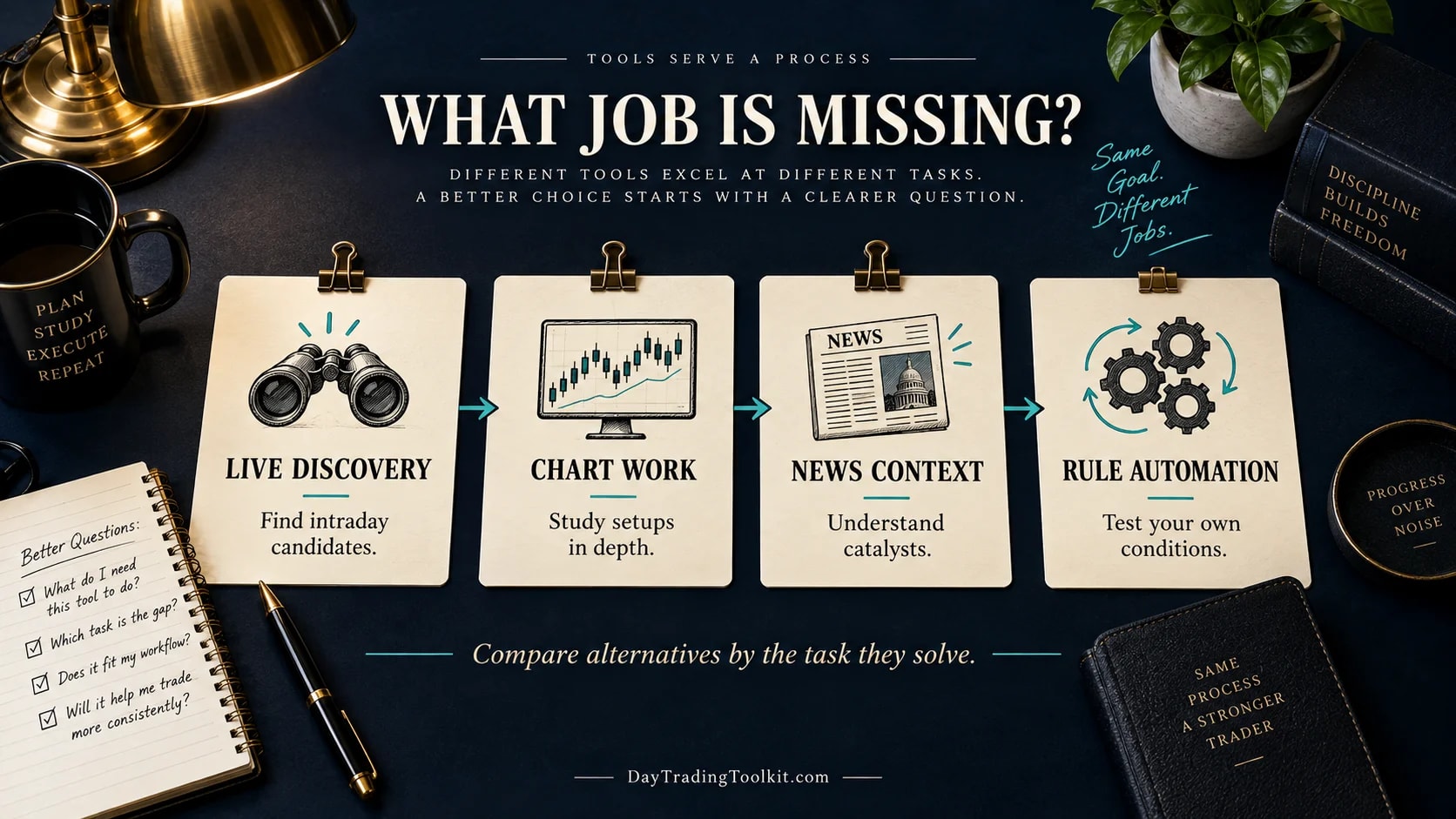 Four possible missing tool jobs: live discovery, chart work, news context, and rule automation.