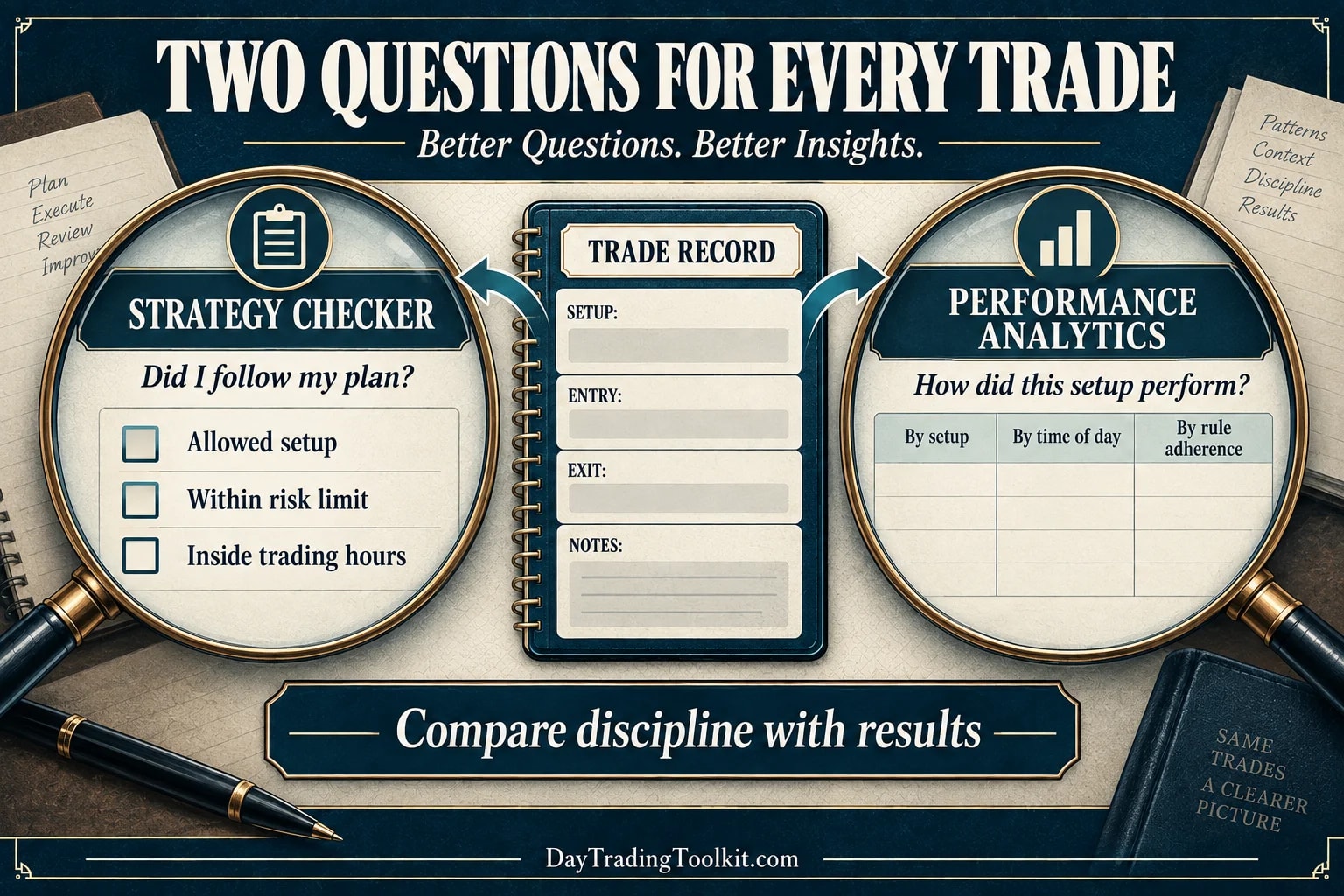 One TraderSync trade record examined through Strategy Checker for rule compliance and Performance Analytics for setup results.